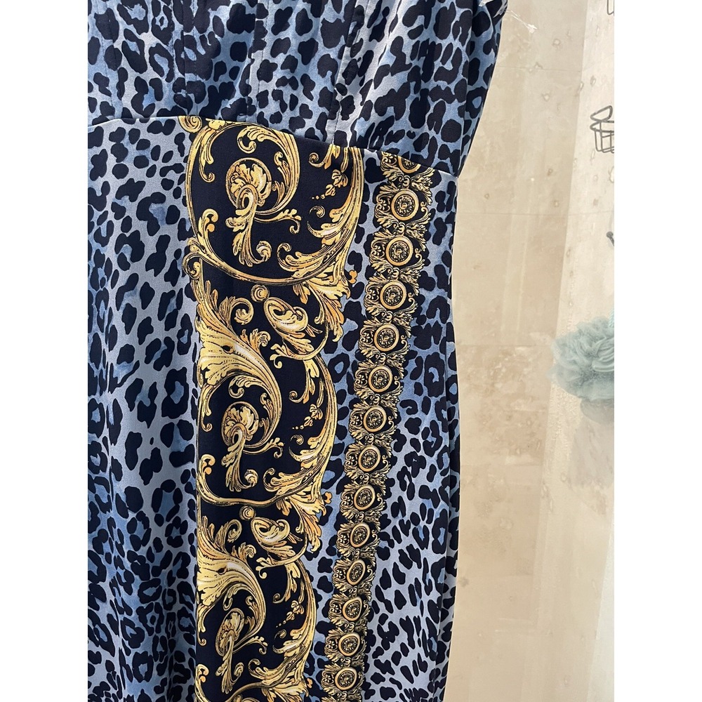 Cache Blue Leopard Print Gold Scroll Jersey Knit Bodycon Cocktail Dress 2 XS - Picture 6 of 11